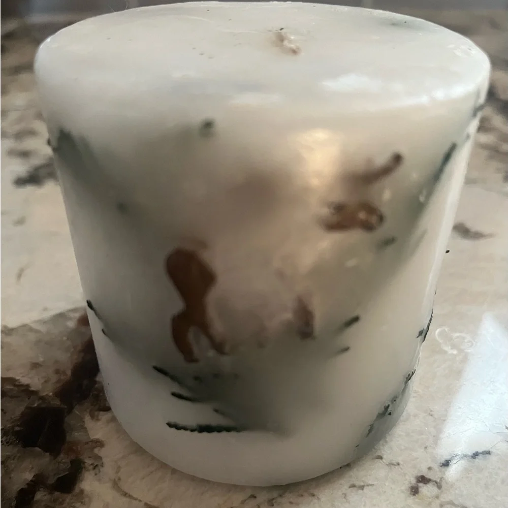 Decorative White Candle with Moose and greenery embedded & Green Leaf Holder.